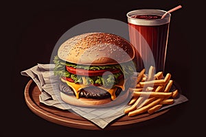 Burger and Fries Meal on a Plate. Generative AI