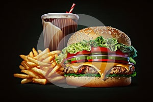 Burger and Fries Meal on a Plate. Generative AI