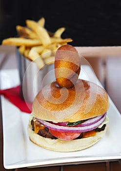 Burger and fries. Selective focus.