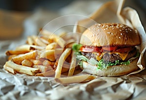 burger and fries sitting on paper