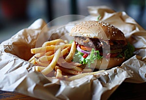 burger and fries sitting on paper