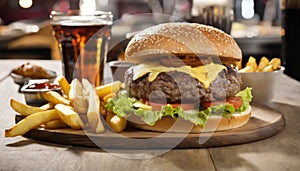 A burger and fries on a wooden tray