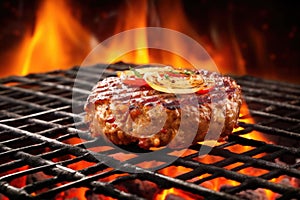 burger on grill grates with flame underneath