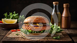 Burger with grilled salmon with vegetables and lettuce, generative AI