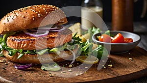 Burger with grilled salmon with vegetables and lettuce, generative AI