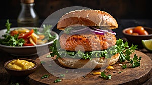 Burger with grilled salmon with vegetables and lettuce, generative AI