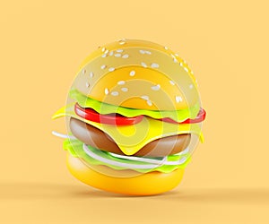 Burger or hamburger 3d render icon. Fast food, sandwich of sesame seed bun with beef patty grilled, meat, cheese, tomato