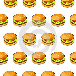 Burger, hamburger, cheeseburger vector seamless pattern. Tasty big juicy burgers with tomato, salad and cheese on white