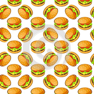 Burger, hamburger, cheeseburger vector seamless pattern. Tasty big juicy burgers with tomato, salad and cheese on white