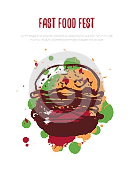 Burger hand drawn poster, banner design menu. Concept logo with splashes for fast food restaurant, cafe. Isolated on