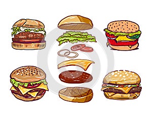 Burger. Hand drawn vector illustration. For menu cafe, restaurant. Design teamplate banner, poster
