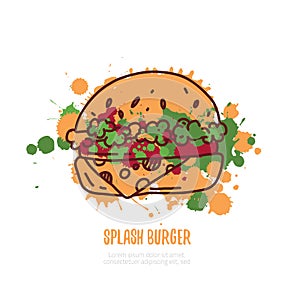 Burger hand written lettering logo, label, badge. Emblem for fast food restaurant, cafe. Isolated on white background