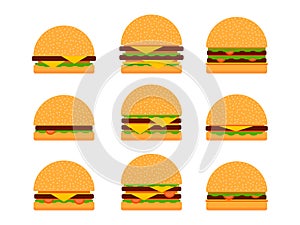 Burger icon set isolated on white background. Collection of cheeseburger and hamburger icons. Cheeseburger with two cutlets. Bun