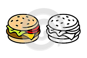 Burger icons. Colour and black vector isolated icons on white background.