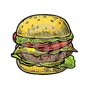 Burger include cutlet, tomato, cucumber and salad on white background.