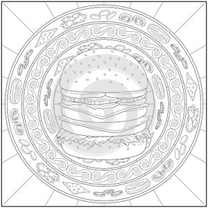 Burger and ingredient circles theme, Adult and kid coloring page