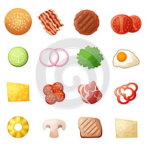 Burger ingredients top view icons set, cartoon style