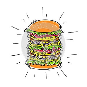 Burger - isolated on white background, vector. Sandwich fast food.