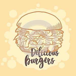 Burger ison. Fast food emblem. Retro design.