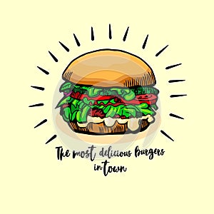 Burger ison. Fast food emblem. Retro design. photo