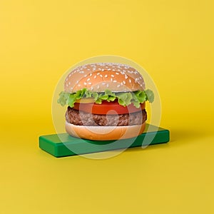 Burger on a light background. Caloric and fatty food for a quick hearty snack