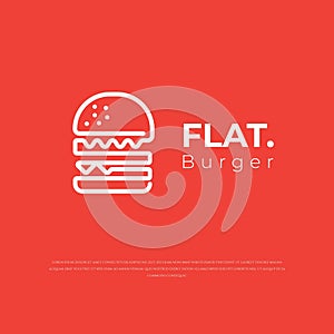 Burger logo in flat design with simple white line art and red background for burger shop template