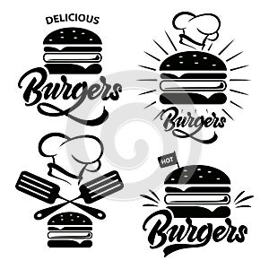 Burger logo set with lettering. Emblem, icon, label for restaurant or cafe design. Burger lettering illustration.Vector