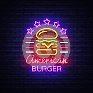 Burger logo vector. American burger, design template light emblem, burger street food neon sign, light banner, neon