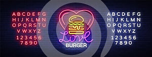 Burger logo vector. Love burger design template light emblem, burger street food neon sign, light banner, neon night