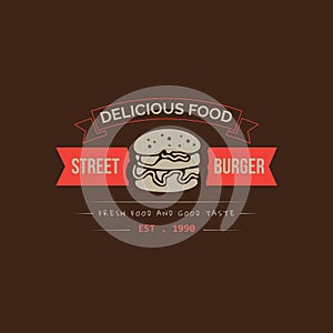 Burger logo in vintage design with red and cream color for burger shop template design