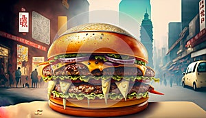a burger with a lot of Chesse and in Tokio city, generative Ai photo