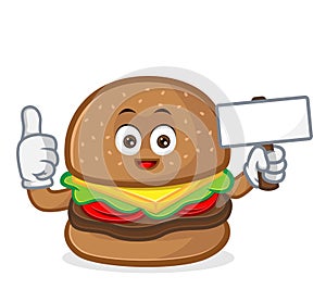 Burger mascot cartoon illustration  give thumb up and hold blank sign