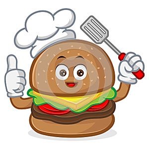 Burger mascot cartoon illustration give thumb up and hold spatula