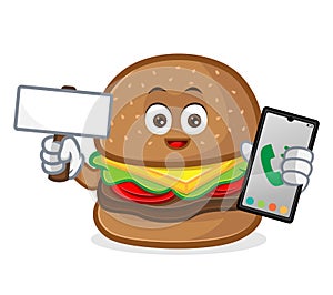 Burger mascot cartoon illustration hold blank sign and phone