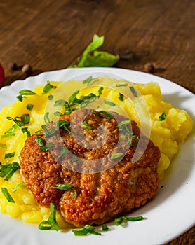 Burger with mashed potatoes in white plate on wooden background