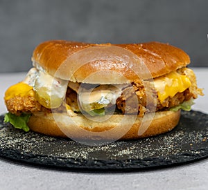 Burger with meat cutlet, hamburger isolated on grey background. Tasty Hamburger. Restaurant dish.