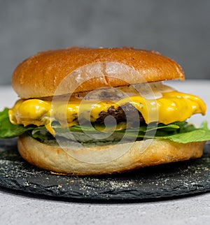 Burger with meat cutlet, hamburger isolated on grey background. Tasty Hamburger. Restaurant dish.