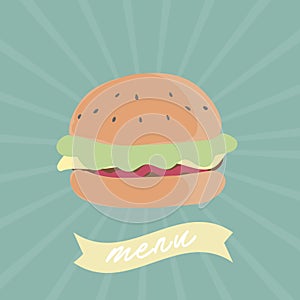 A burger on the menu illustration.. Vector illustration decorative background design