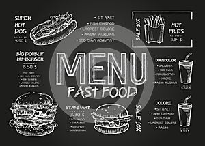 Burger menu poster design on the chalkboard elements. Fast food menu skech style. Can be used for layout, banner, web