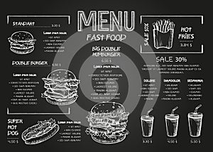 Burger menu poster design on the chalkboard elements. Fast food menu skech style. Can be used for layout, banner, web