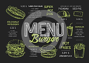 Burger menu poster design on the chalkboard elements. Fast food menu skech style. Can be used for layout, banner, web