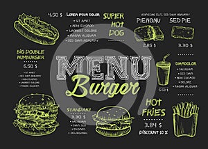 Burger menu poster design on the chalkboard elements. Fast food menu skech style. Can be used for layout, banner, web