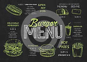 Burger menu poster design on the chalkboard elements. Fast food menu skech style. Can be used for layout, banner, web