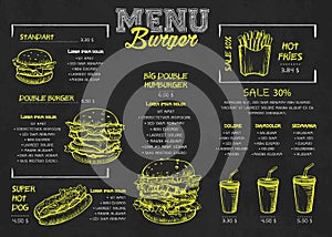 Burger menu poster design on the chalkboard elements. Fast food menu skech style. Can be used for layout, banner, web