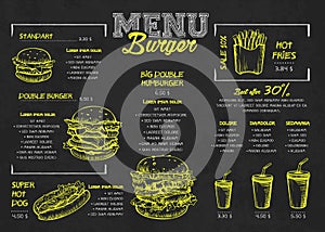 Burger menu poster design on the chalkboard elements. Fast food menu skech style. Can be used for layout, banner, web