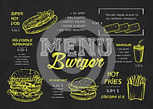Burger menu poster design on the chalkboard elements. Fast food menu skech style. Can be used for layout, banner, web