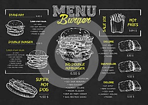 Burger menu poster design on the chalkboard elements. Fast food menu skech style. Can be used for layout, banner, web