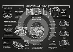 Burger menu poster design on the chalkboard elements. Fast food menu skech style. Can be used for layout, banner, web photo