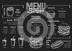 Burger menu poster design on the chalkboard elements. Vector illustration, Fast food menu skech style. Can be used for