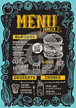 Burger menu template for restaurant on a blackboard background vector illustration brochure for food and drink cafe. Design layout